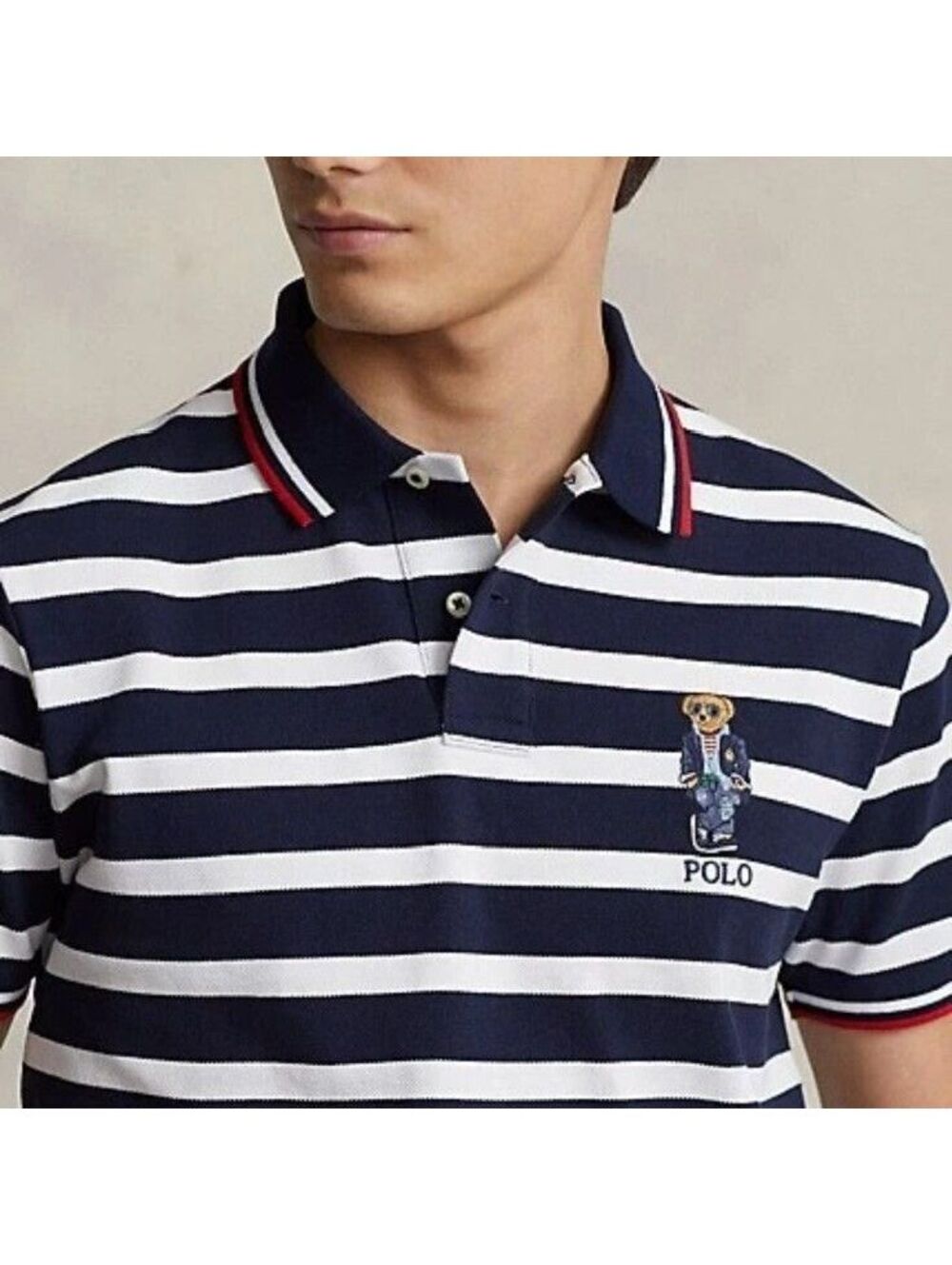 Polo Ralph Lauren Bear Preppy Embroidered Navy White Hampton Stripe Polo Shirt M